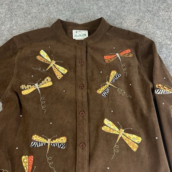 Quacker Factory Shirt Womens Medium Embroidered Dragonfly Button Down Artsy - Picture 5 of 8